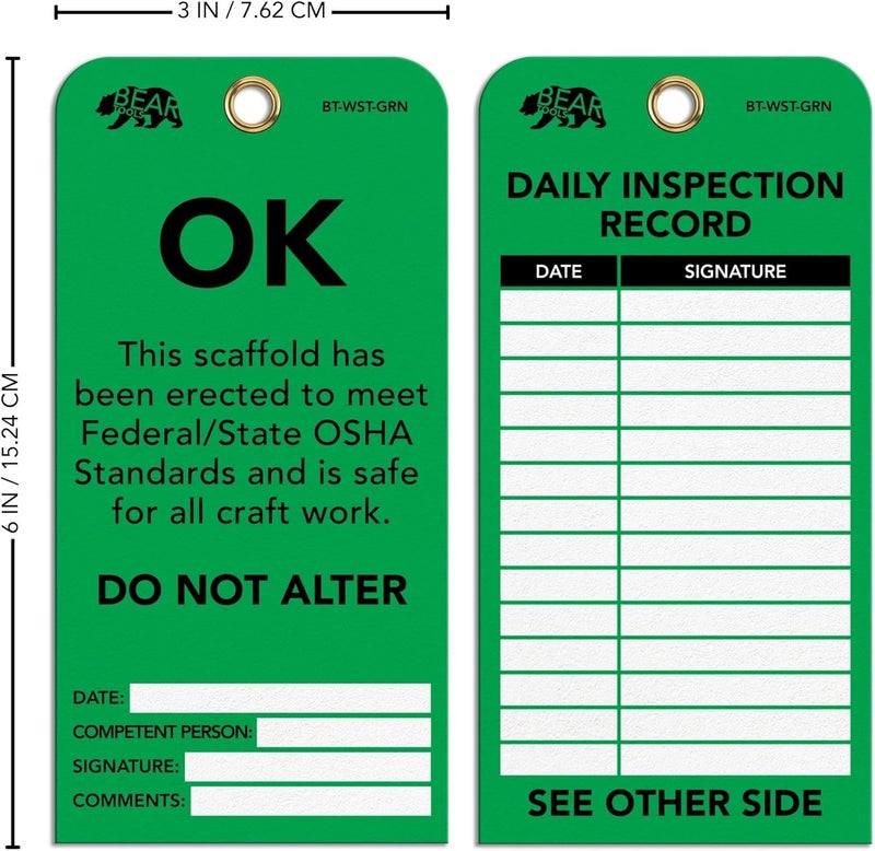 BearTOOLS Scaffold Tags - Safety Inspection Kit with Cable Ties - OK Scaffold Status Warning Sign - Laminated 3 x 6 in, Pack of 25 - Weatherproof, Tear-Resistant - Green Tags - Image 2